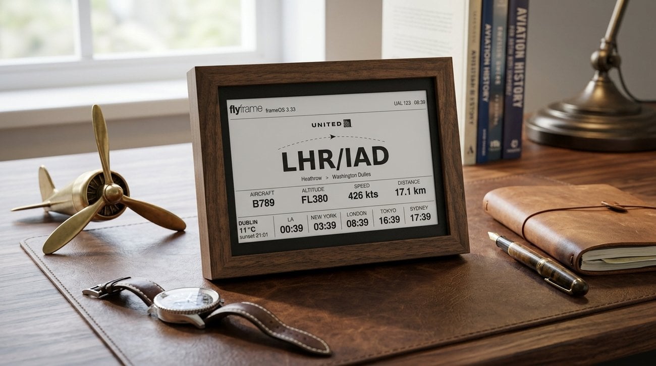 A FlyFrame e-ink flight tracker as a design piece on a considered gallery wall