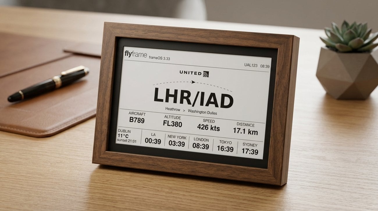 A FlyFrame e-ink flight tracker - a statement aviation gift that comes in under €200