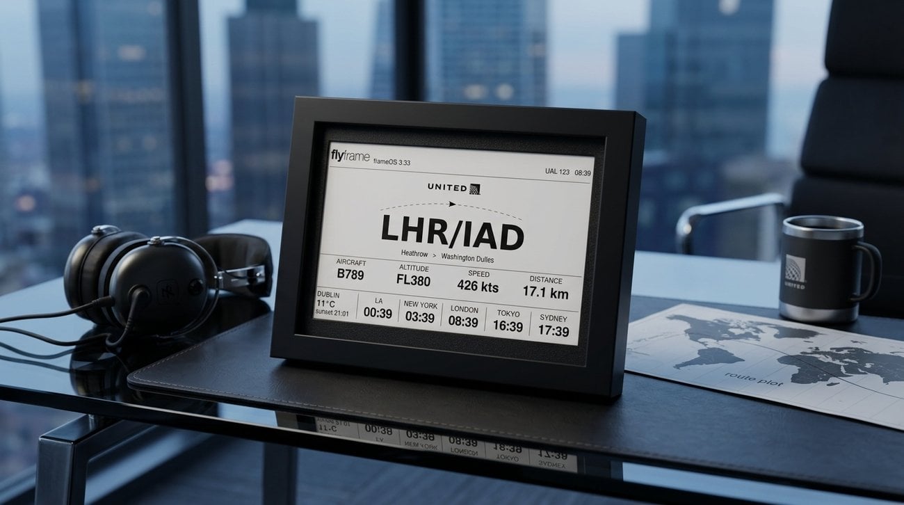 A FlyFrame e-ink flight tracker on a desk - a novel gadget the tech lover won't already own