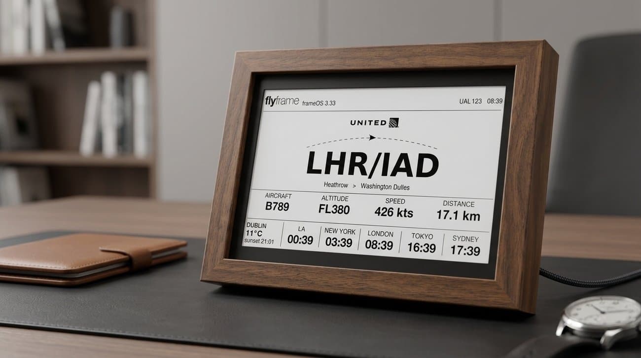 FlyFrame on a walnut desk with a notebook and watch